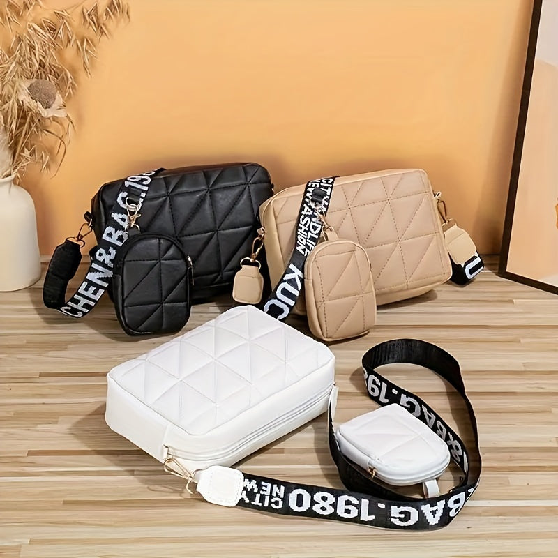 Set of 2 Quilted Crossbody Bags with Mini Coin Purse for Women in Black White Khaki