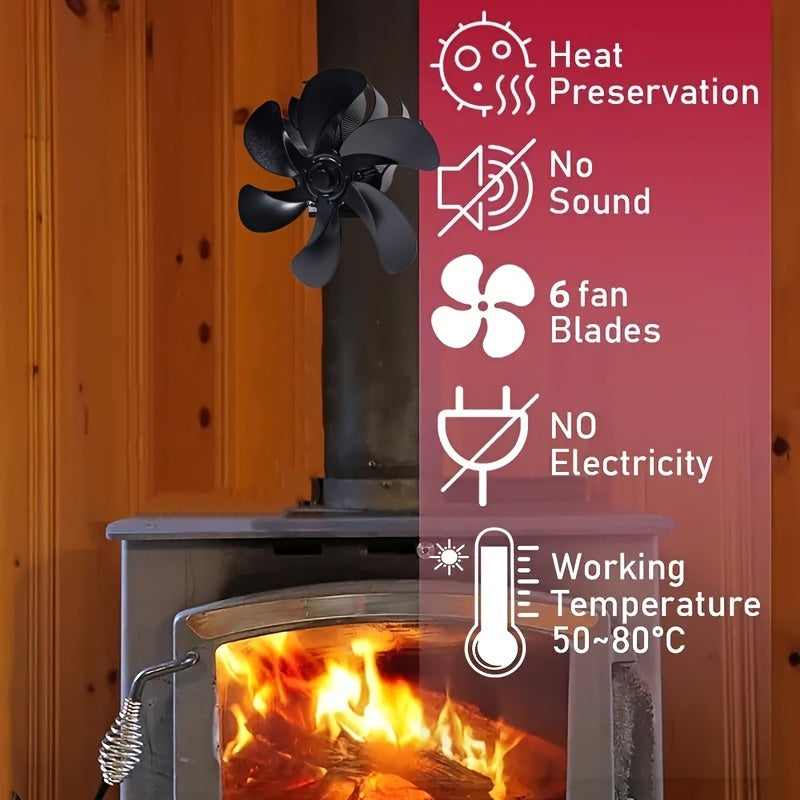 6-Blade Heat Powered Stove Fan for Wood Log Burners Wall-Mountable Quiet