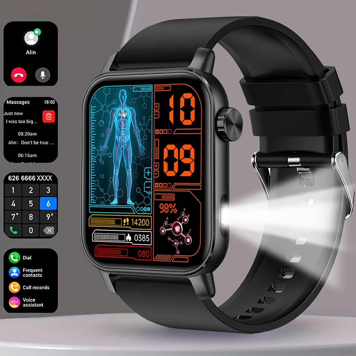 Men's Smartwatch 1.85-Inch Display Wireless Sports Tracker with Voice Calls and LED Flashlight