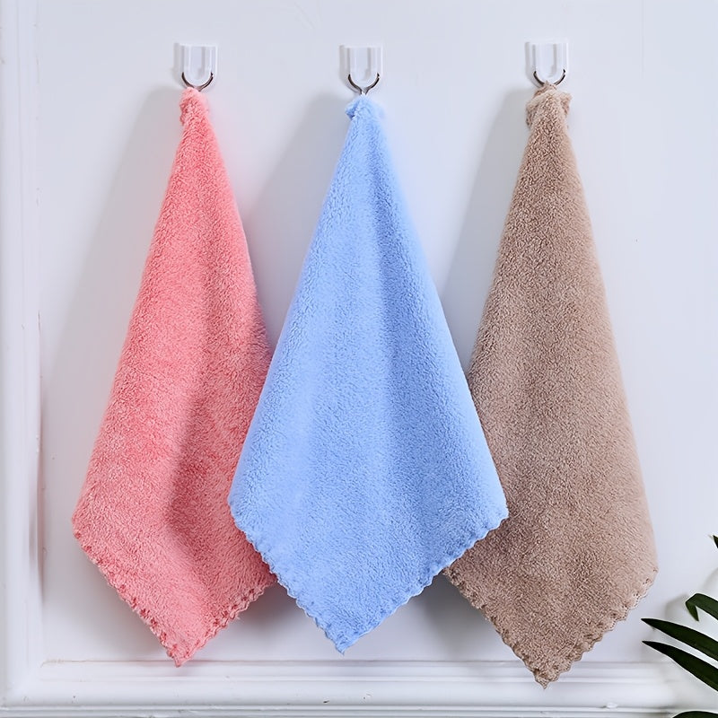 Set of 4 Coral Fleece Square Towels with Lace Trim, Soft Absorbent Kitchen Cloths