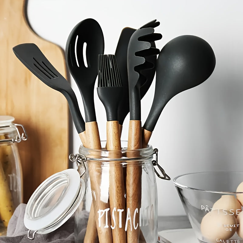 Silicone Cooking Utensil Set with Wooden Handles Non-Stick Heat Resistant Dishwasher Safe