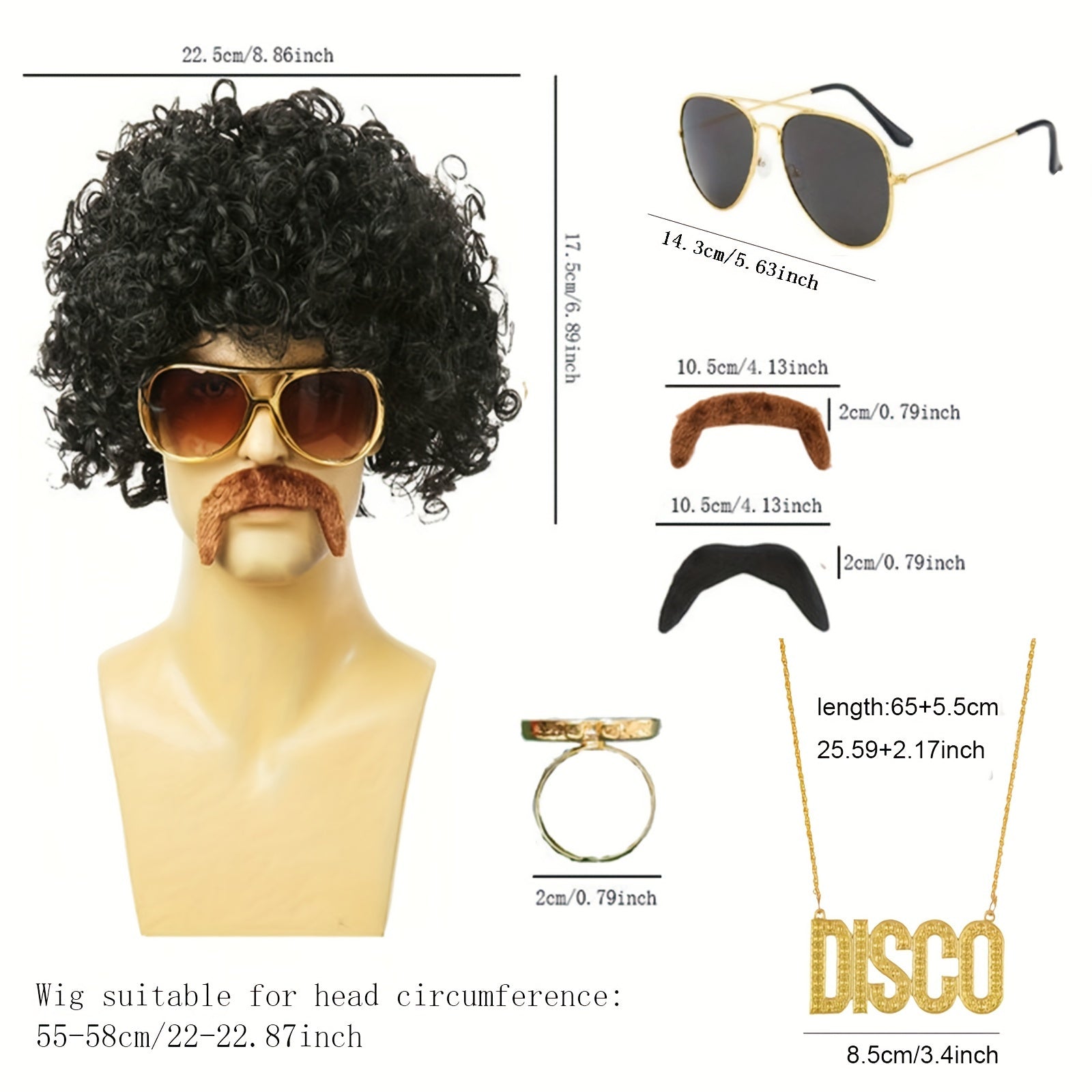 Conjunto de disfraz de los 70s y 80s con peluca rizada, gafas, bigote y collar para fiesta