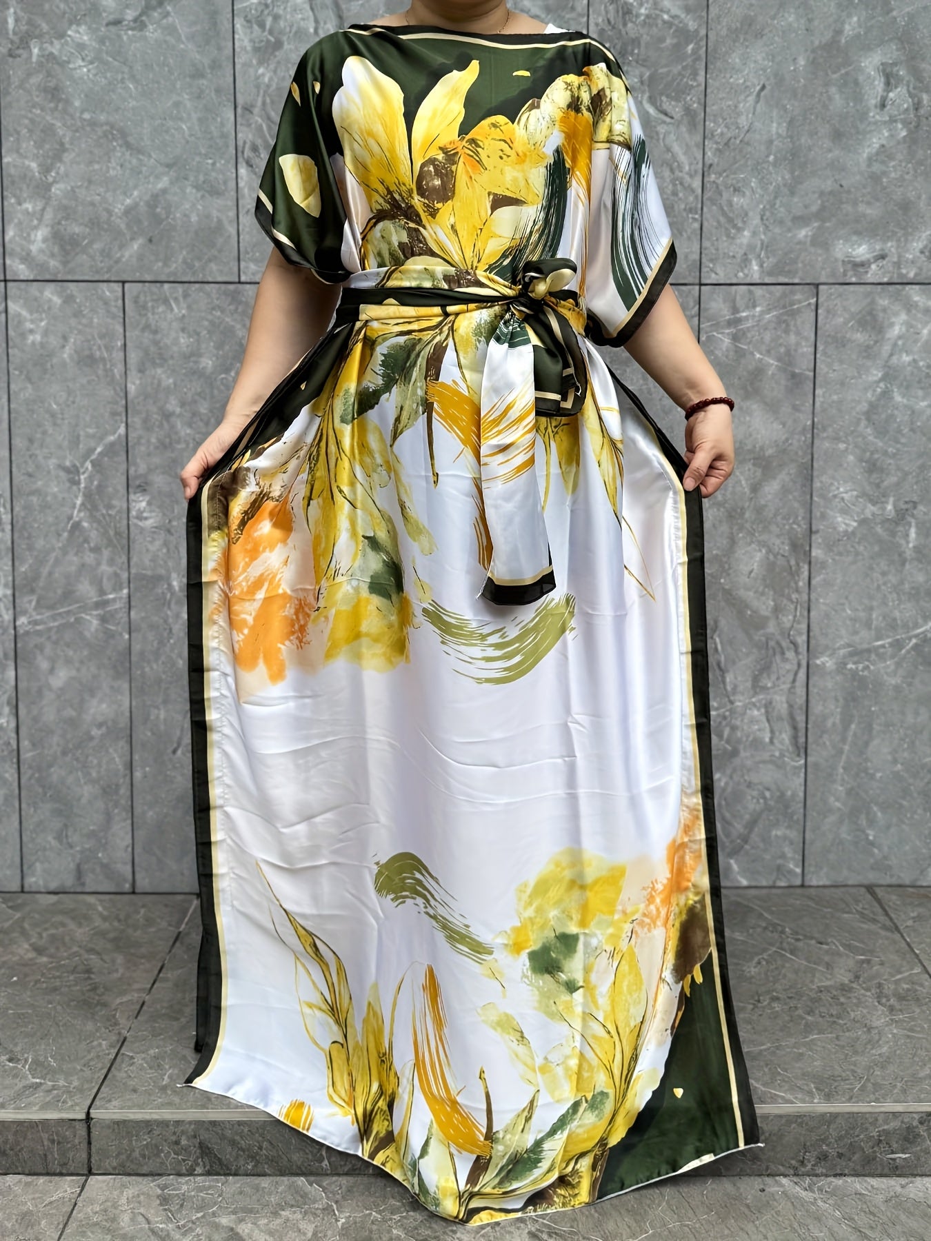 Plus Size Floral Pattern Kaftan Dress Longline Short Sleeve Summer Casual Gown