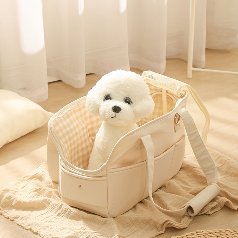 Portable Pet Travel Bag for Small Dogs and Cats Lightweight Breathable Polyester Beige with Checkered Interior