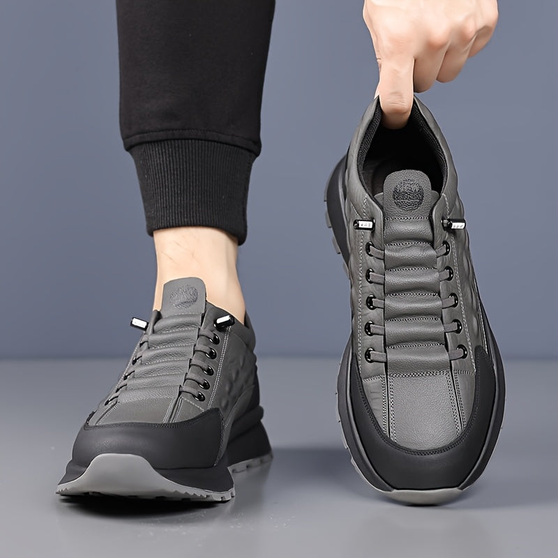 Men's Leather Casual Sneakers Black Gray Crocodile Pattern Rubber Sole Lace-Up Low Top