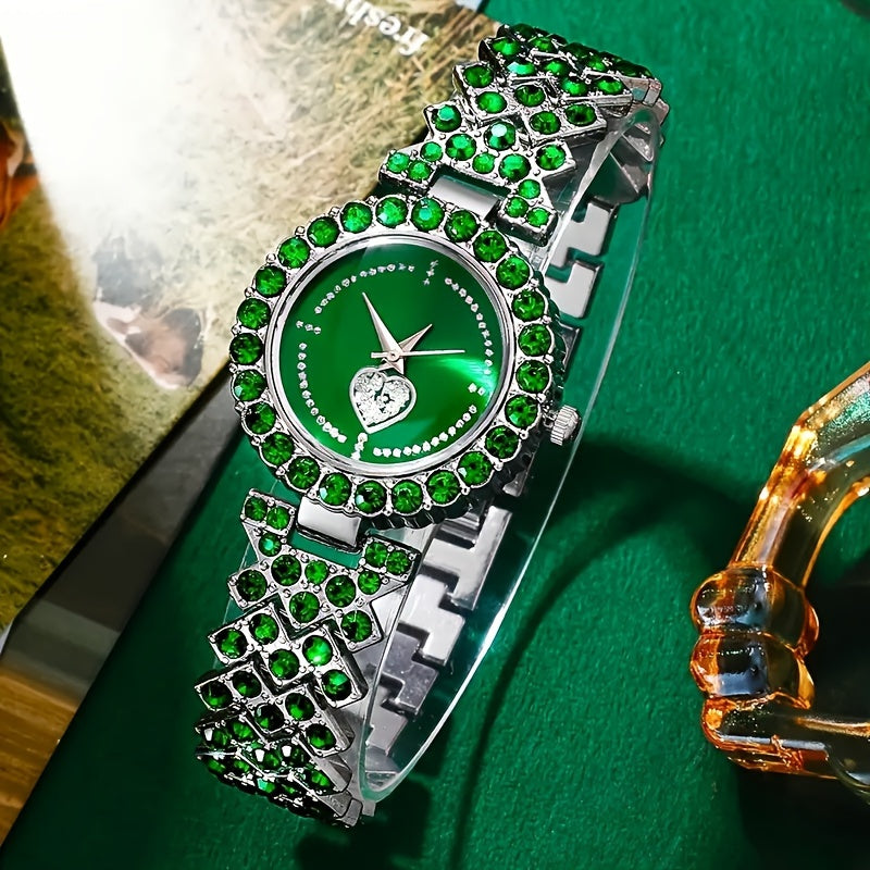 Set of 5 Women's Rhinestone Quartz Watches with Heart Design and Synthetic Gem Jewelry