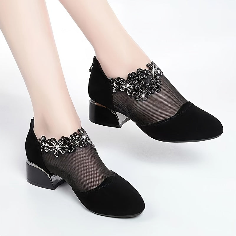 Women's Mesh Rhinestone Block Heel Zipper Dress Shoes
