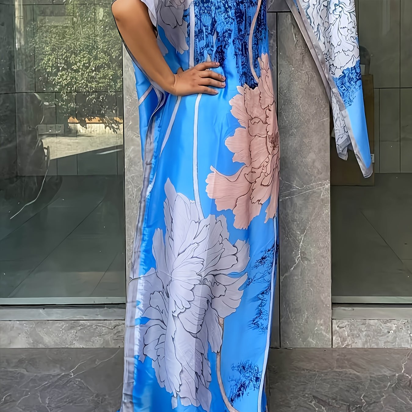 Plus Size Floral Dress Longline Short Sleeve Crew Neck Spring Summer