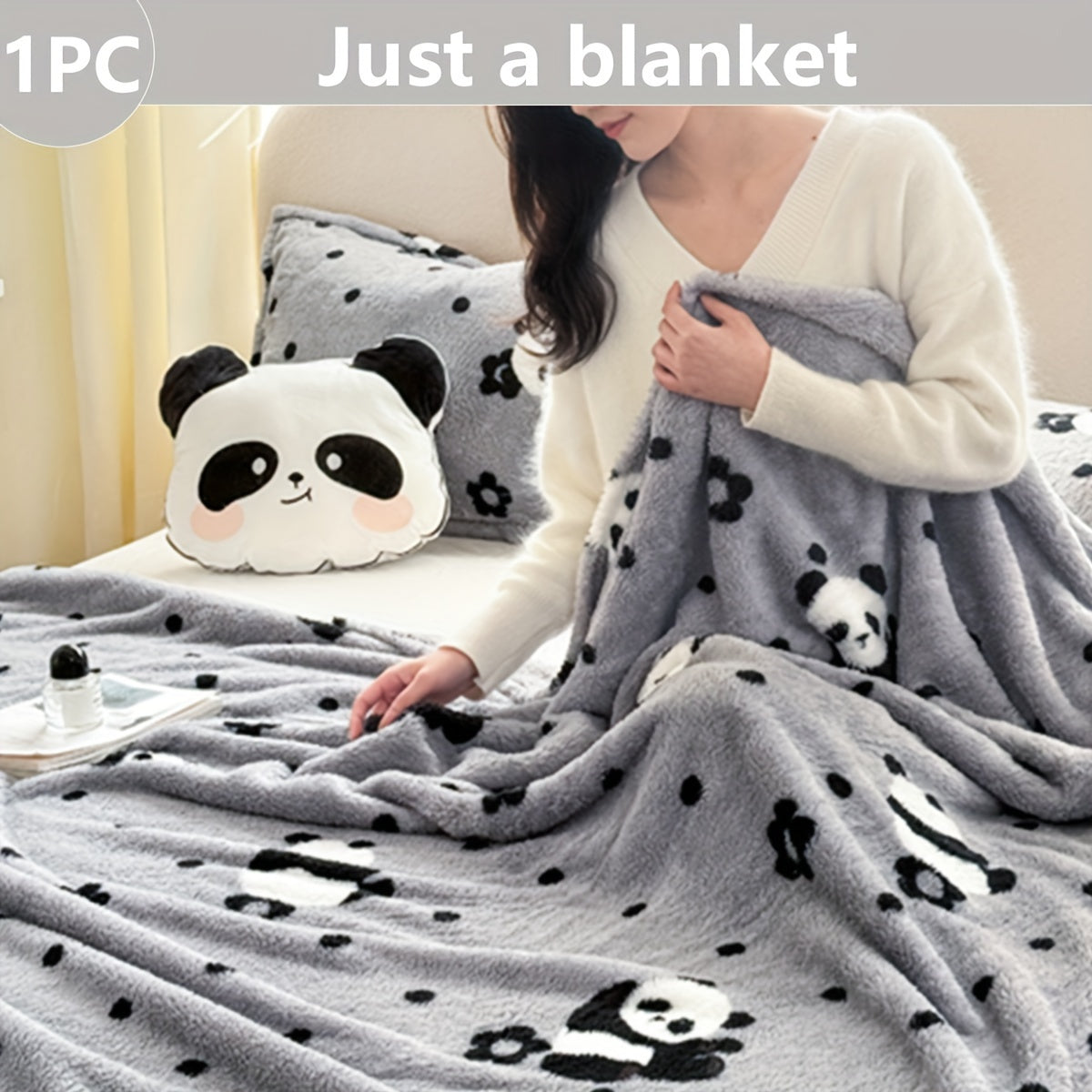 Flannel Bed Blanket Reversible Panda Pattern Soft Polyester All-Season 320gsm