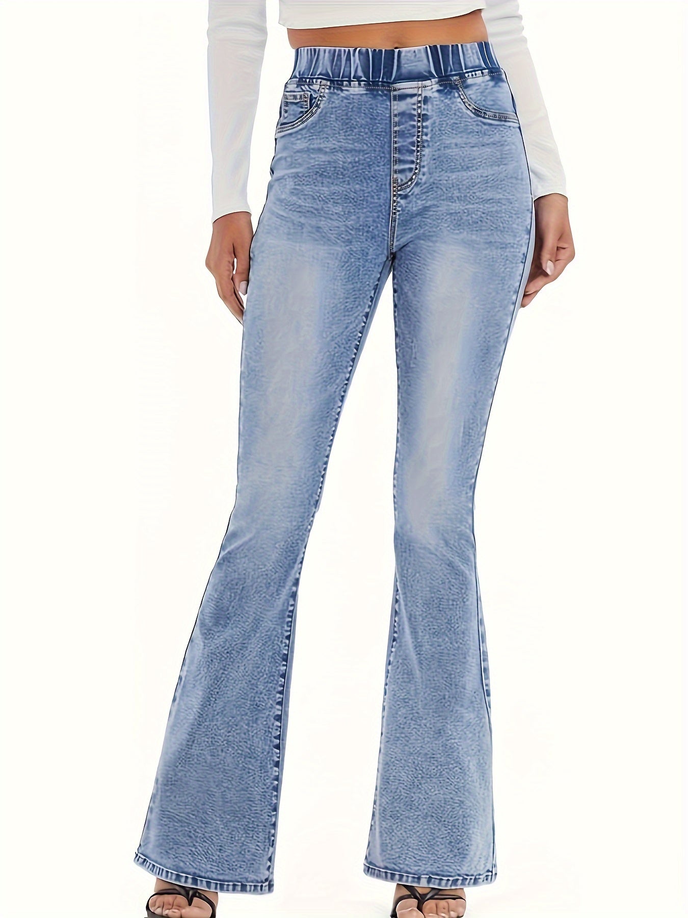 Women's Light Wash Blue High-Waisted Flare Jeans with Elastic Waistband and Stretch Denim