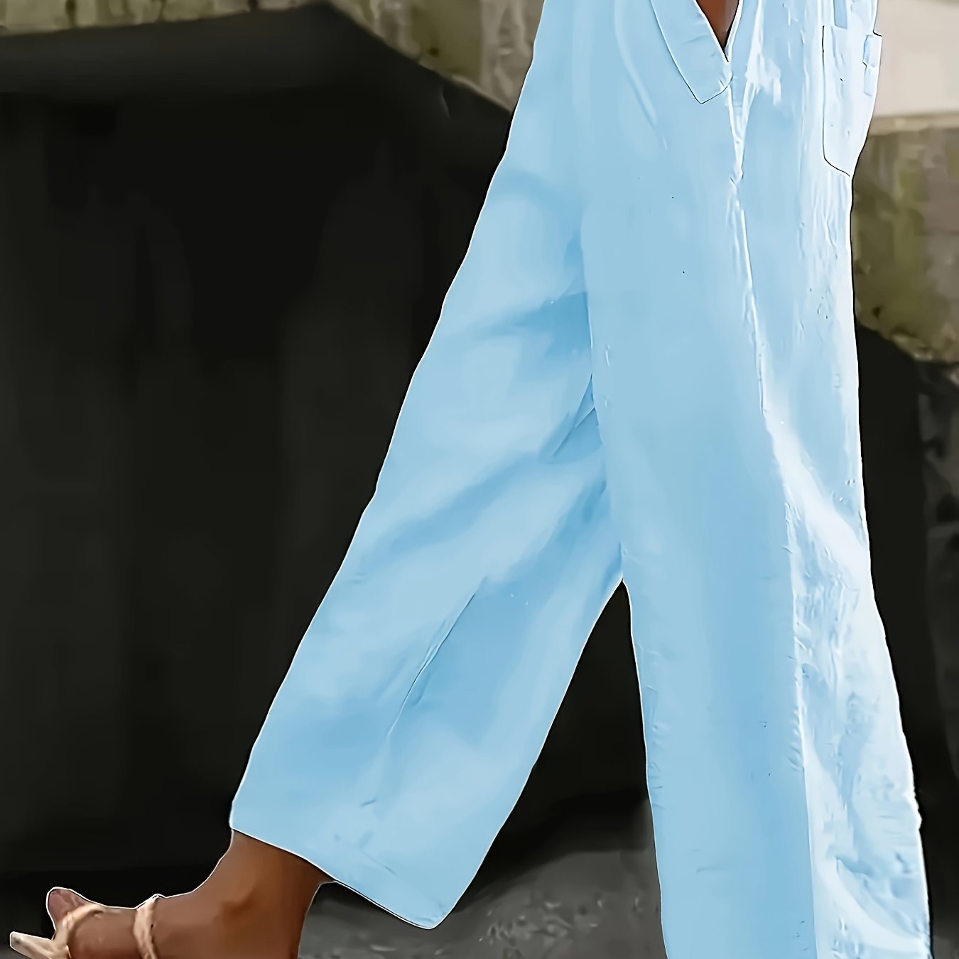 Pantalones casual de talla grande para mujer con cintura elástica y bolsillos, color sólido, pierna ancha