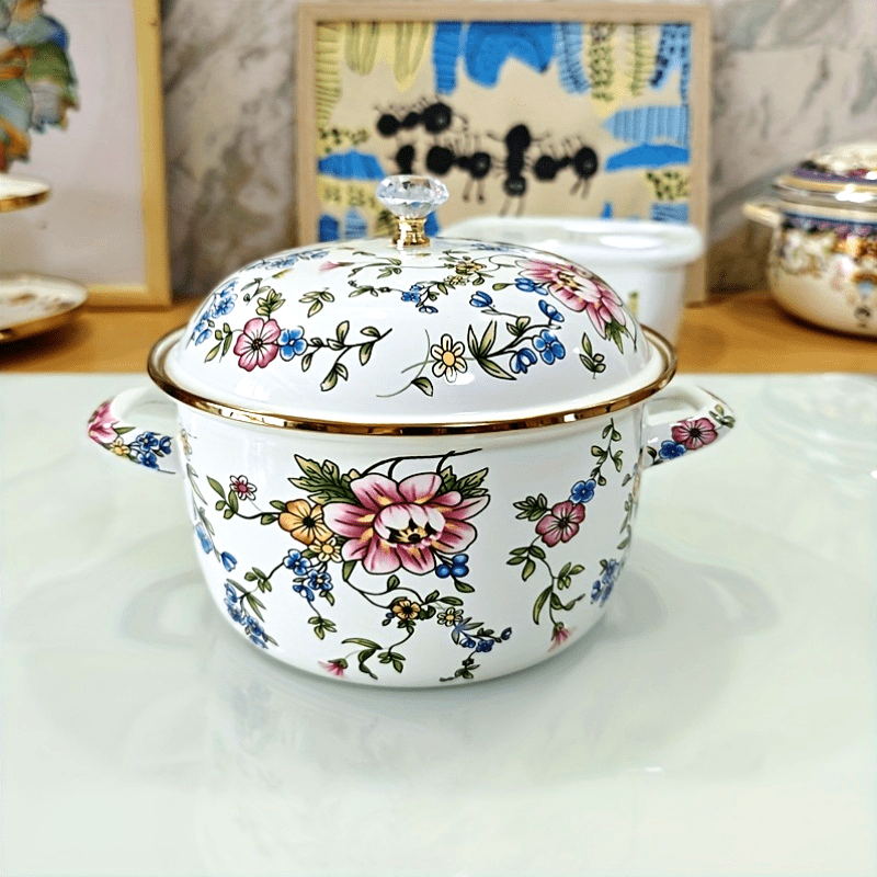 Enamel Stockpot with Lid Floral Design Double Handle for Soup Stew Casseroles
