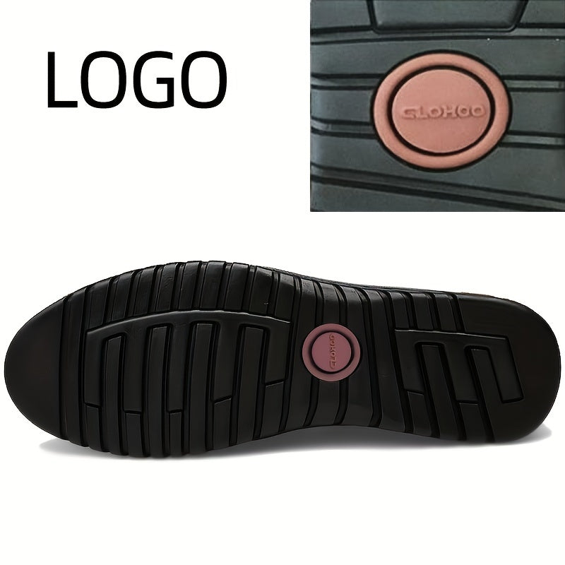 Erkaklar uchun qora loferlar, bo'linma charm yuqori qismi, yumshoq taglik va har mavsumga mos tasodifiy uslub. PU ichki astar va kauchuk taglik bilan jihozlangan.