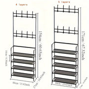 Black Metal Entryway Organizer Coat Rack with Hooks and Shoe Shelves 152.4cm