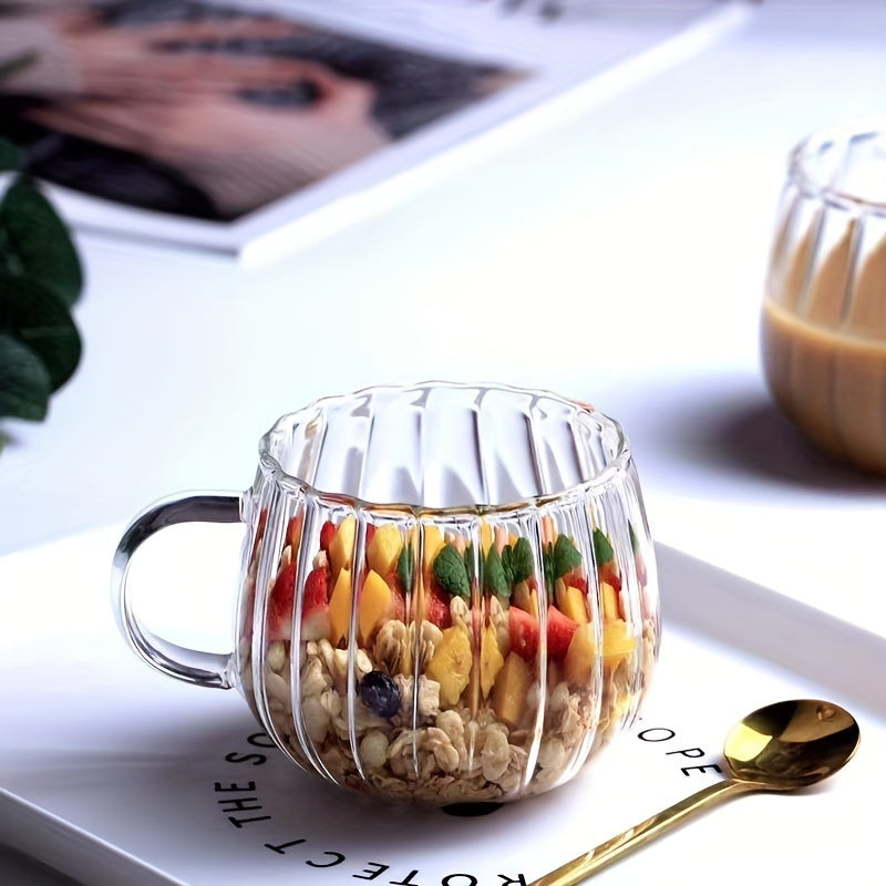 380ml Heat-Resistant Glass Coffee Mug with Handle Clear Vertical Striped Design for Hot Beverages