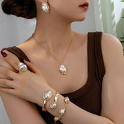 Women’s 14K Gold Plated Jewelry Set with Faux Pearls Necklace Earrings Ring Bangle