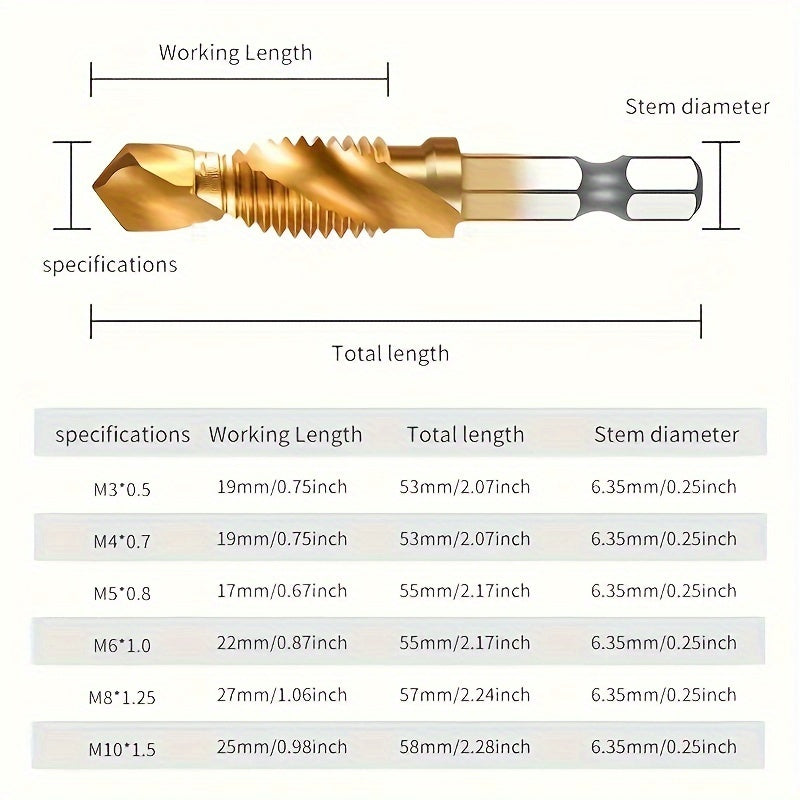 6-Piece Titanium Drill and Tap Bit Set High-Speed Steel M3-M10 for Screw Tapping