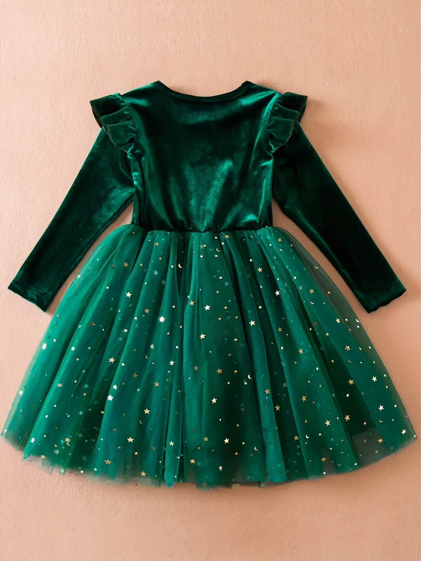 Girls Velvet Dress with Star and Moon Sequins Ruffled Edge and Pleated Mesh Overlay in Red