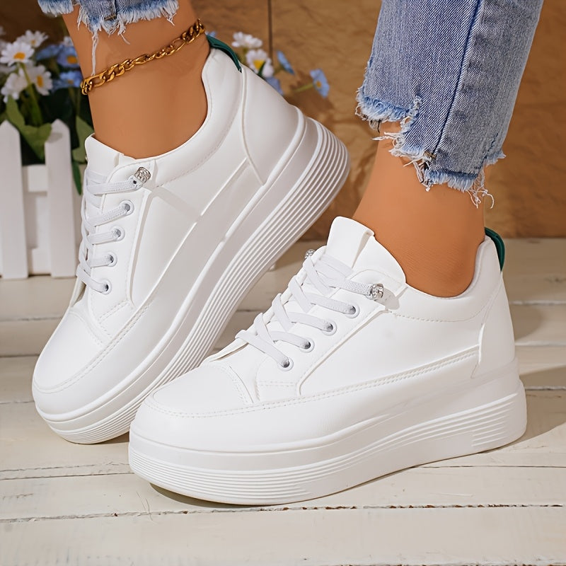 Women's White Sneakers with Inner Height Increase Casual Low-Top Lace-Up Shoes