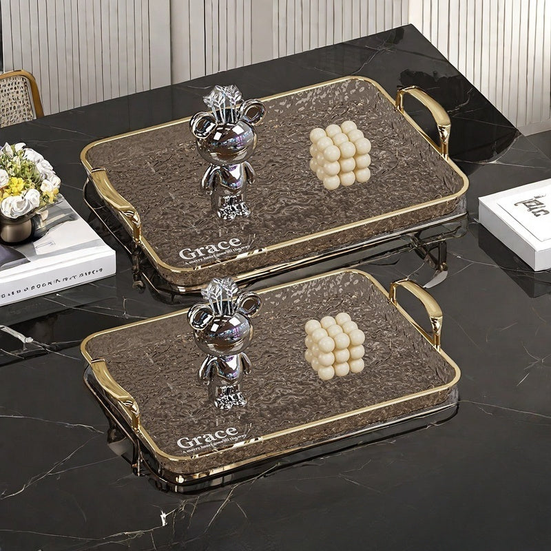 Golden Rimmed Rectangular Serving Trays Set Large Transparent Plastic with Handles for Fruits Snacks Pastries