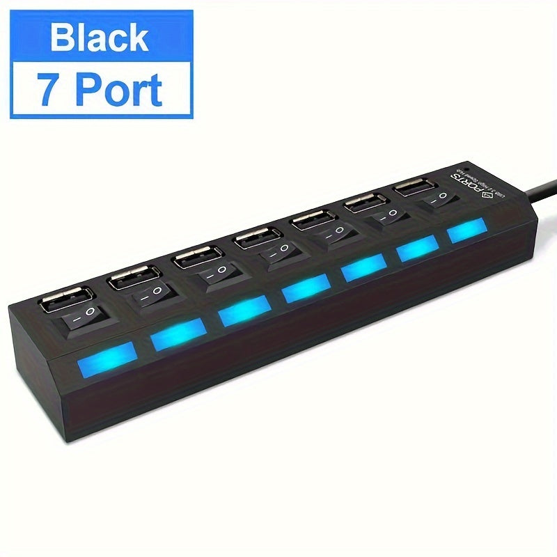USB 2.0 Hub 7 Ports or 4 Ports with LED Light and Independent Power Switch for Data Transfer
