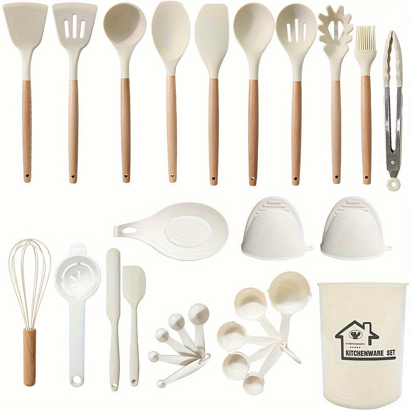 28-Piece Silicone Kitchen Utensil Set with Wooden Handles Non-Stick Washable