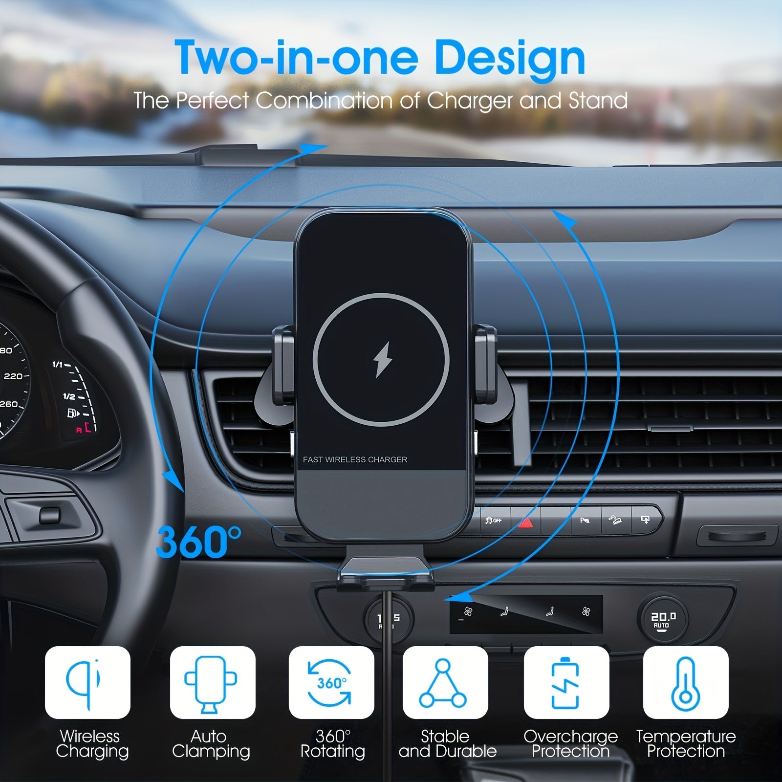 Wireless Car Charger Fast Charging Automatic Clamping for iPhone and Samsung