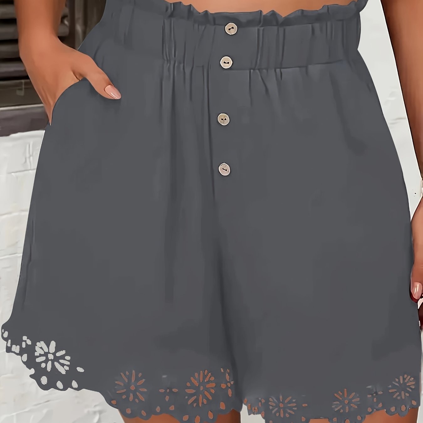 Women's High-Waist Pocket Shorts Polyester Floral Lace Breathable Casual