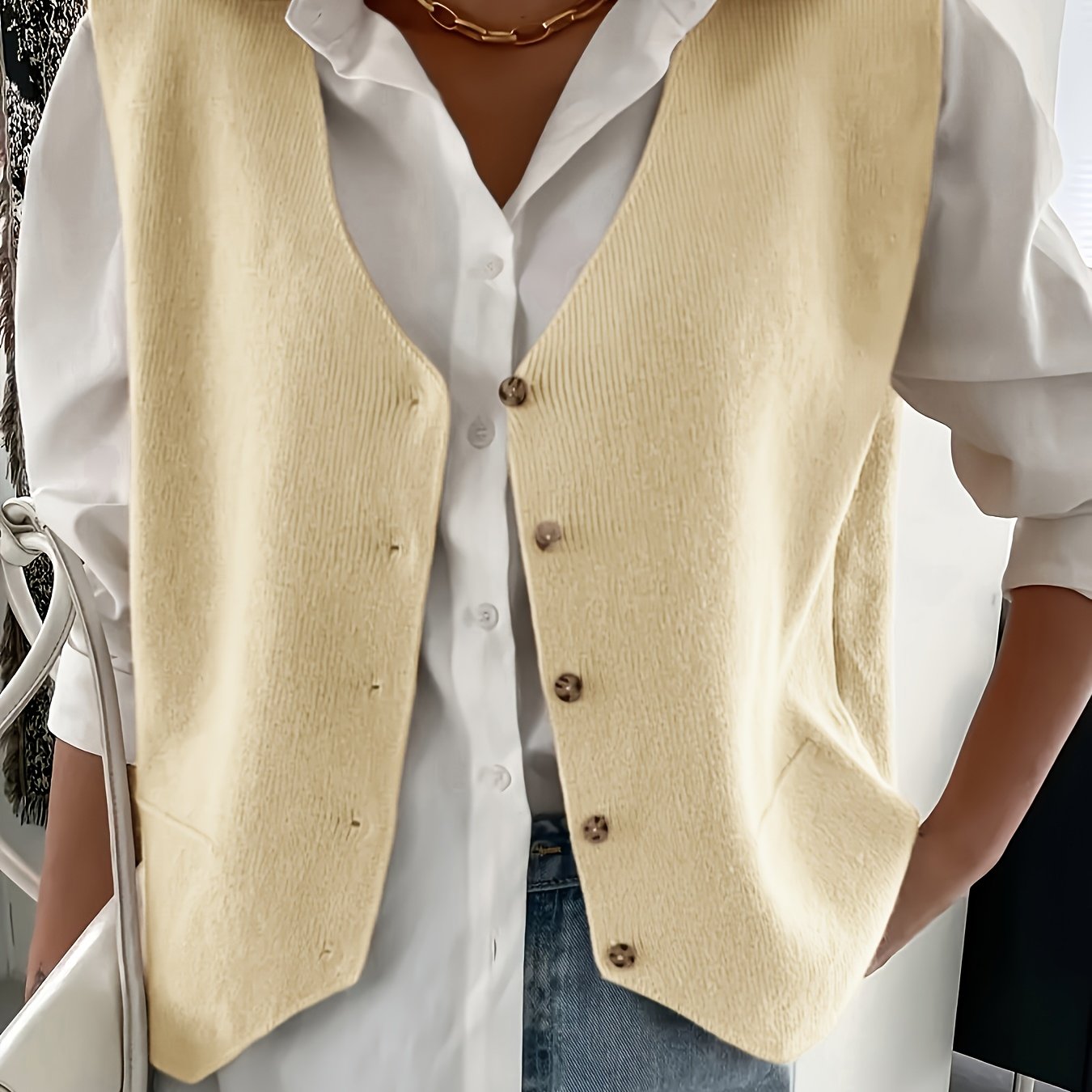 Women V-Neck Knit Cardigan Polyester Solid Color Fall Winter Coat