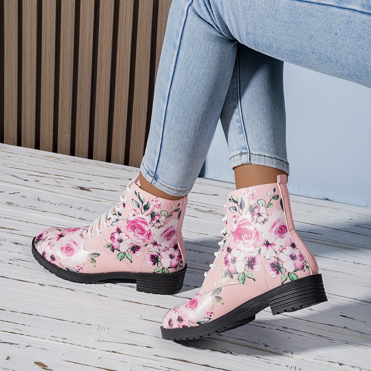 Women's Floral Printed Leather-Look Mid-Calf Boots with Round Toe