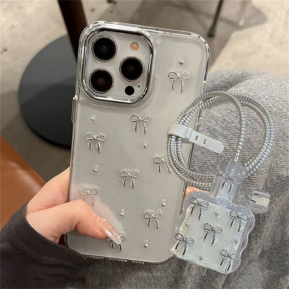 Luxury Bowknot Epoxy Phone Case and Charger Cover for iPhone 11-16 Pro Max Soft Back