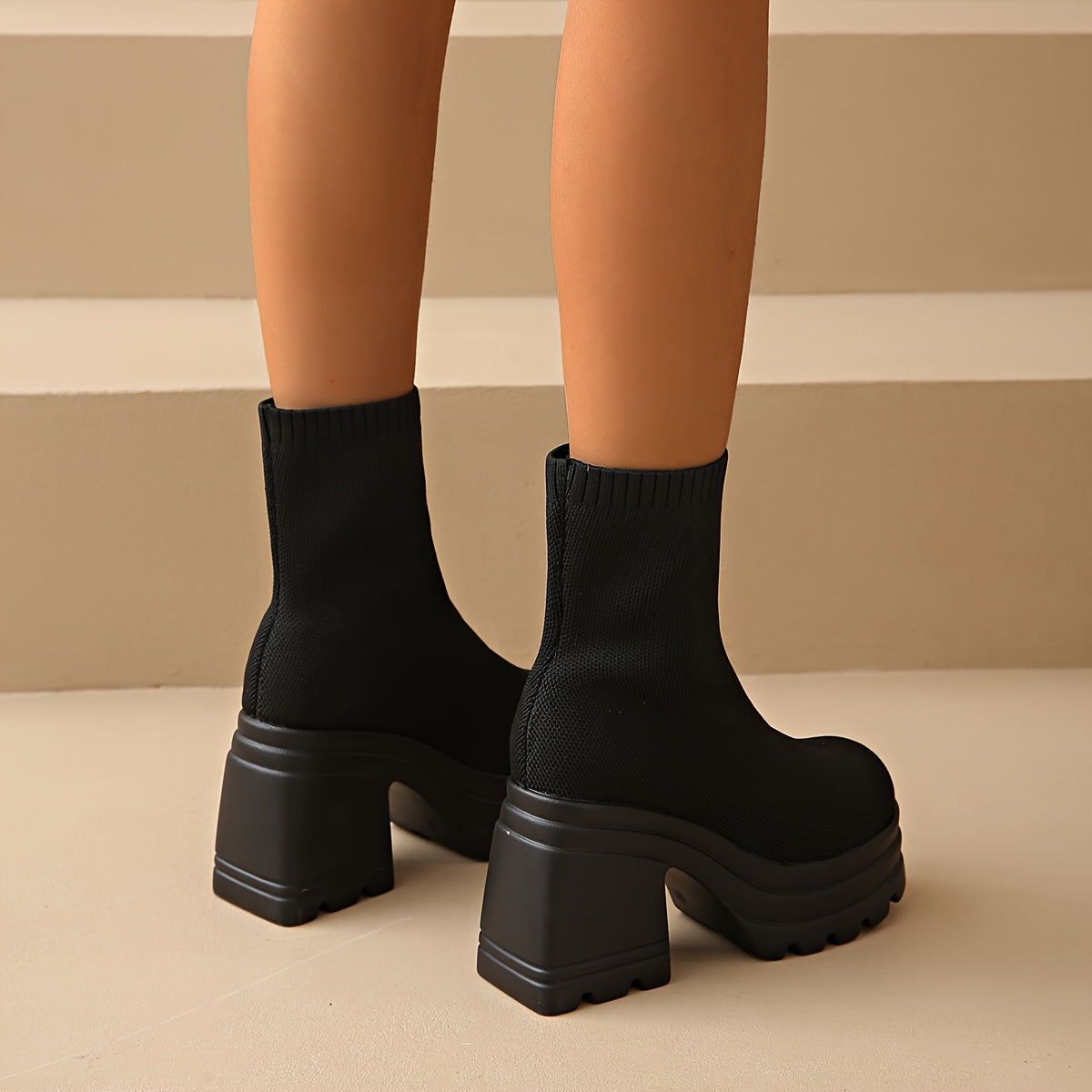 Women's Slip-On Chunky Mid-Heel Ankle Boots Comfortable Fabric Upper