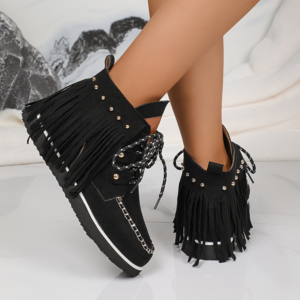 Women's Nubuck Velvet Ankle Boots with Tassel Trim Non-Slip Warm Flats