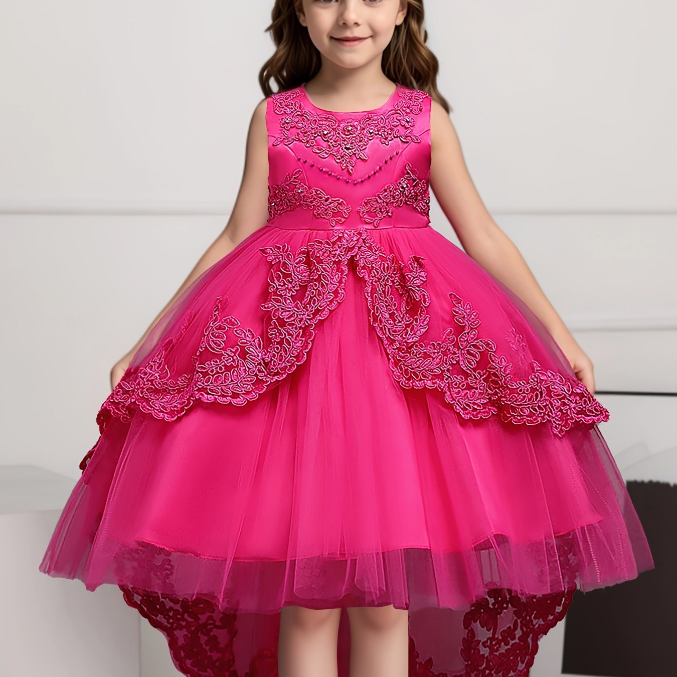 Girls' Red Princess Dress Beaded Embroidery Mesh Tail for Parties Weddings