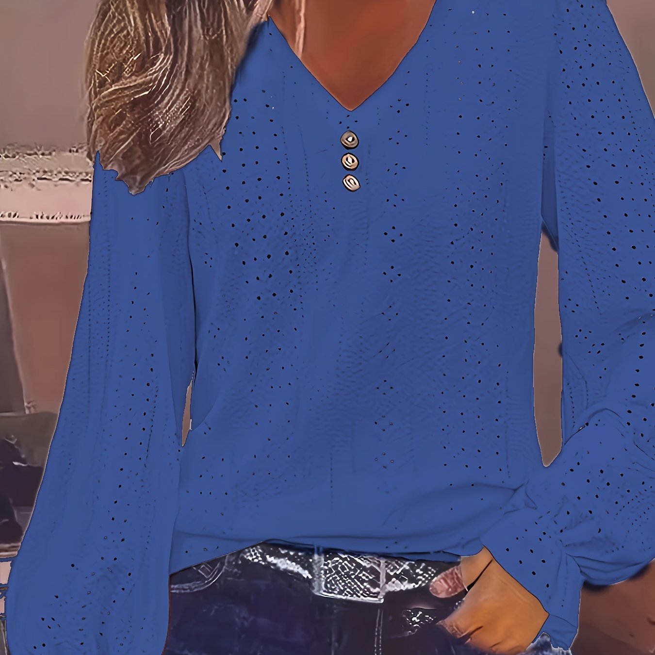 Plus Size Eyelet Button Decor T-Shirt Casual V Neck Long Sleeve Top