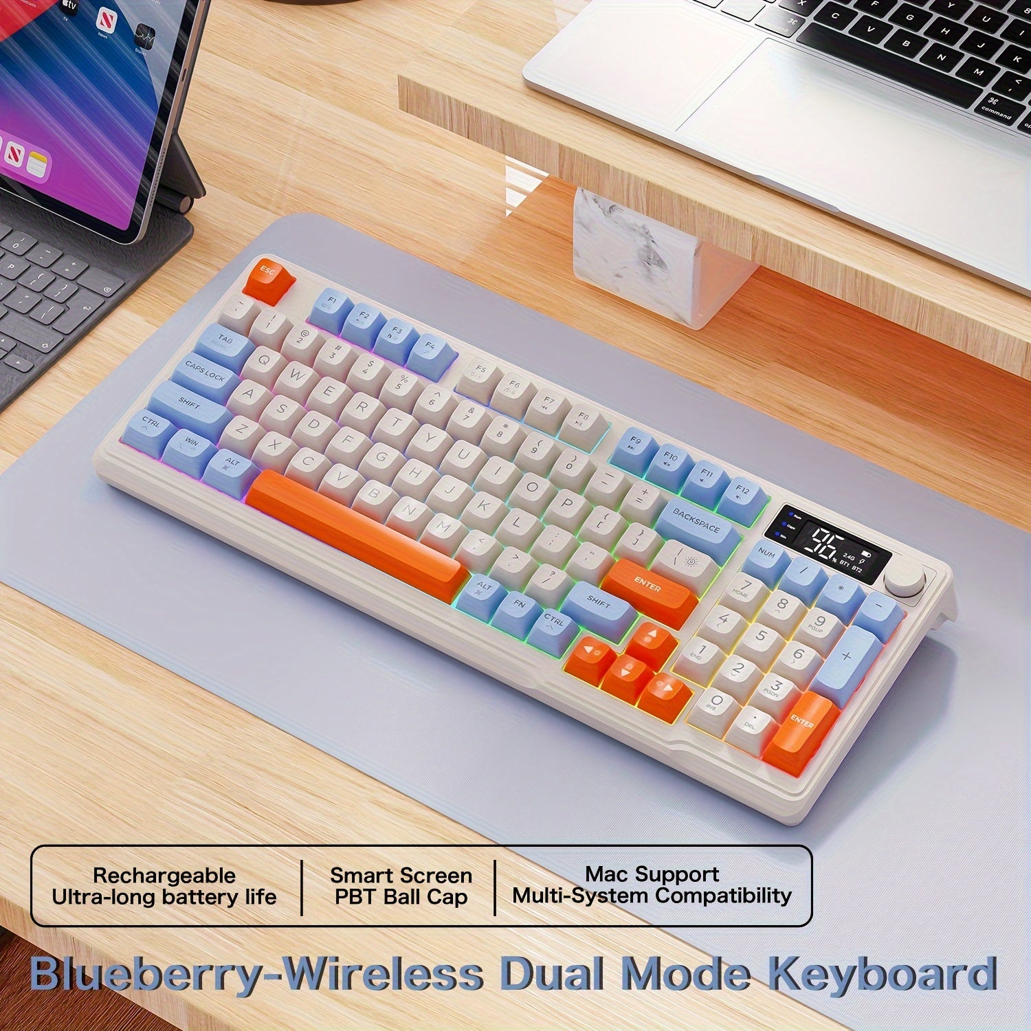 Dual-Mode Wireless Keyboard with Backlit Ergonomic PBT Ball Cap and USB Type-C Charging