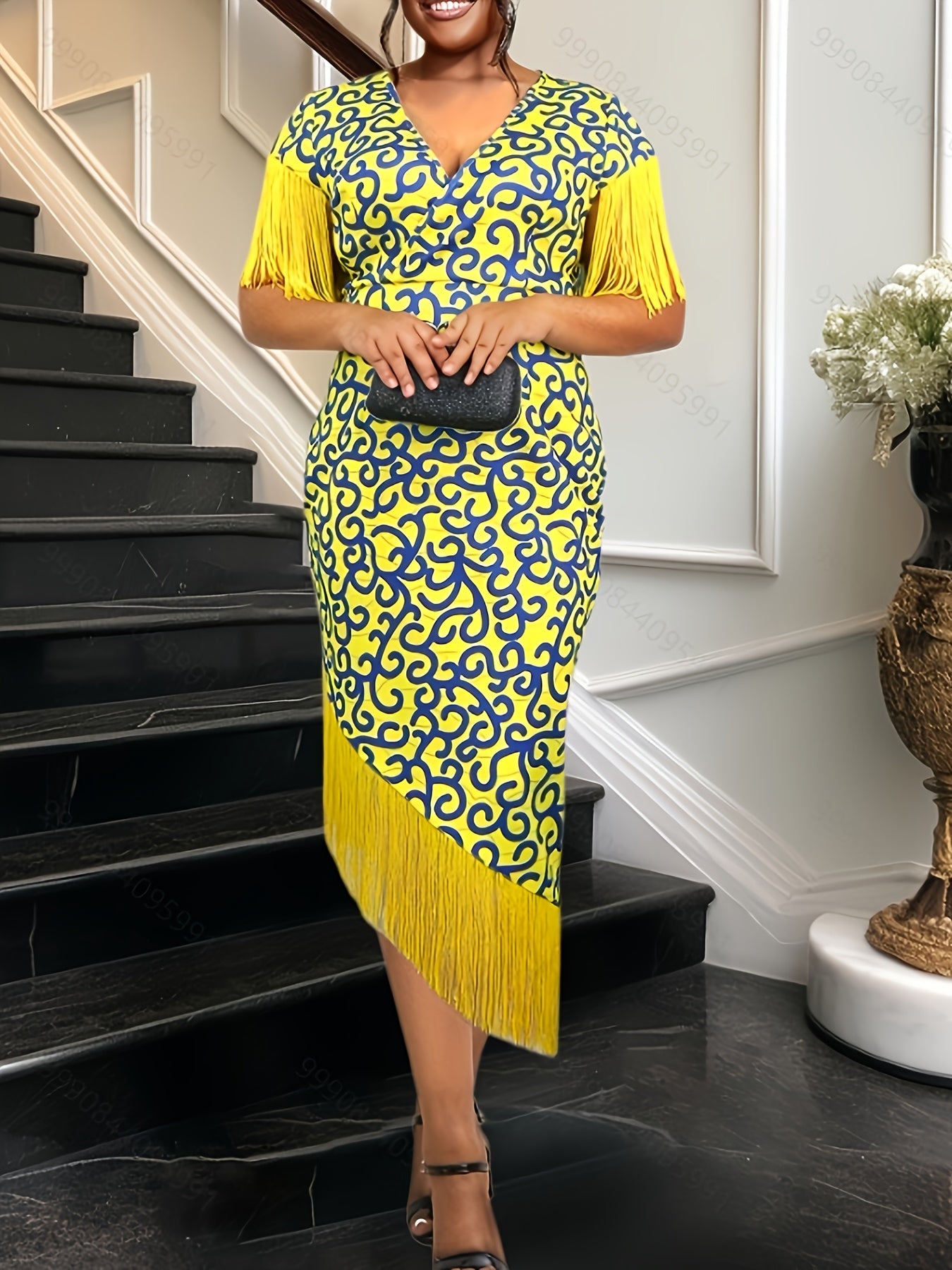 Women’s V-Neck Short Sleeve Party Dress with Abstract Print, Summer Dress