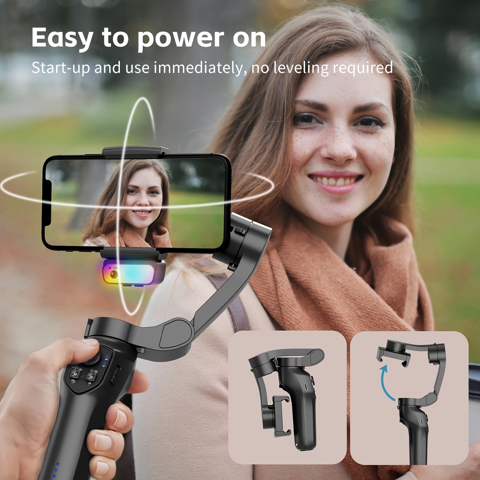 3-Axis Smartphone Stabilizer with RGB Lighting Face Tracking Wireless Rechargeable Video Gimbal