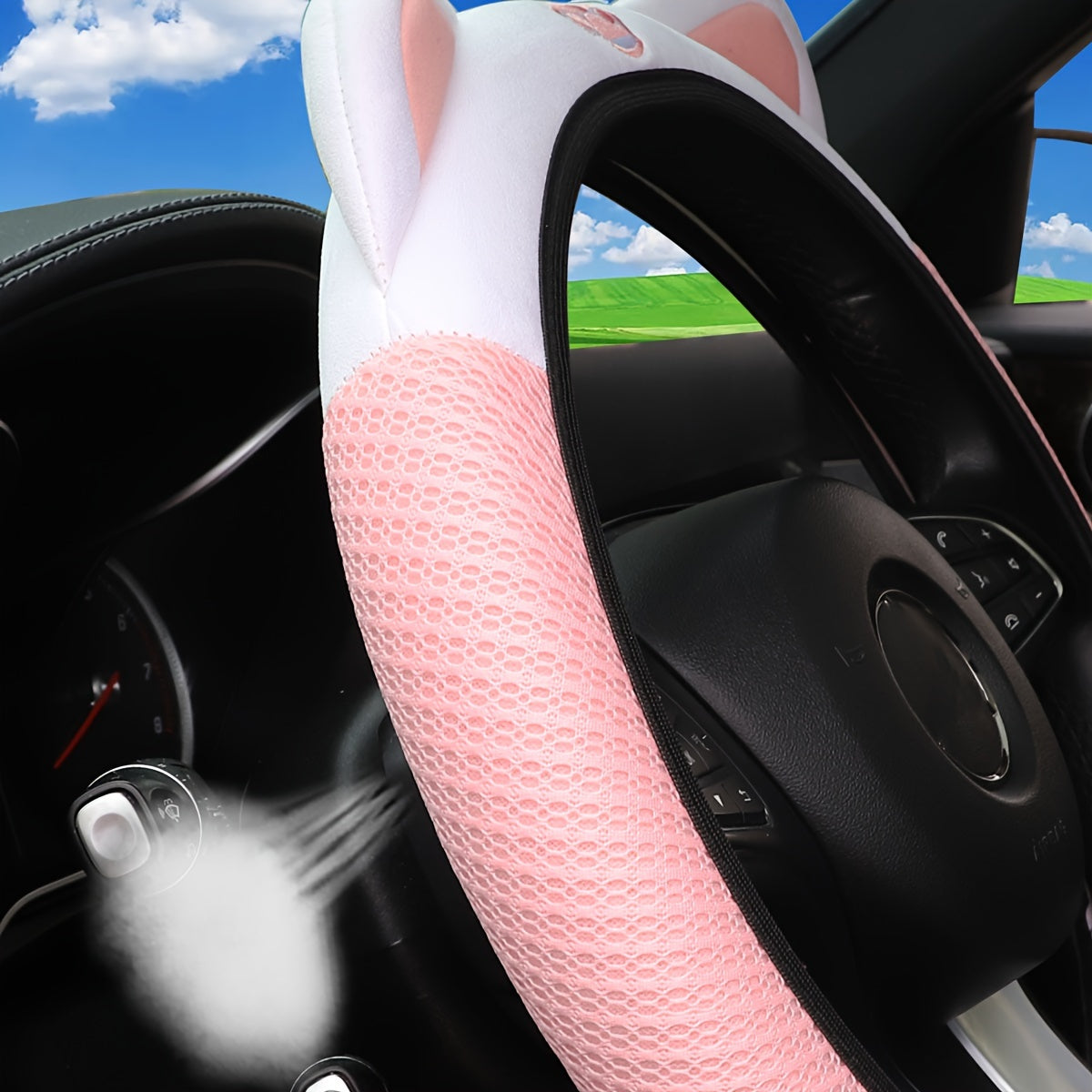 Cute Pink White Cat Steering Wheel Cover Breathable Mesh Stretchable Car Accessory