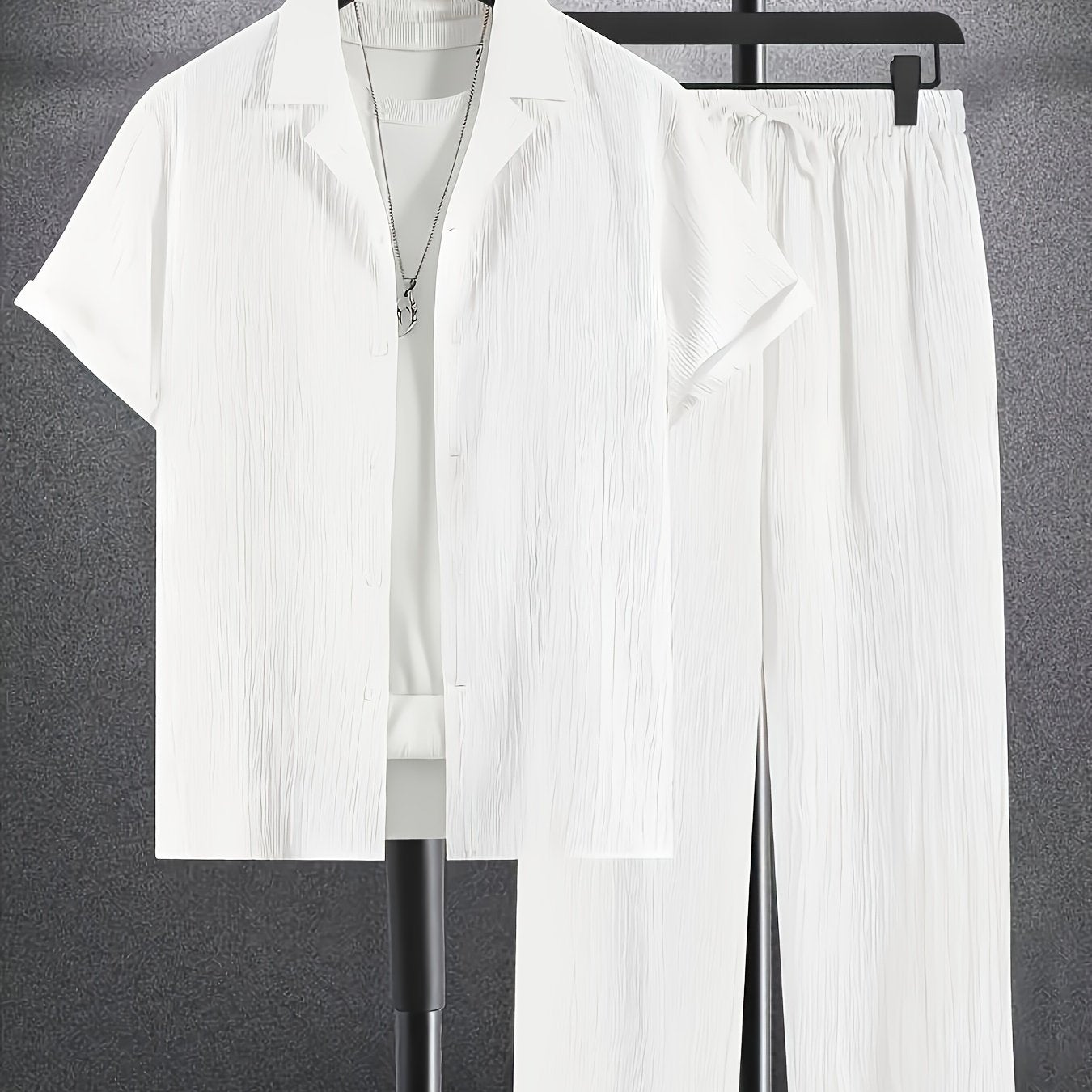 Men's Casual 2-Piece Set Short-Sleeve Cuban Collar Shirt and Drawstring Pants Polyester Blend Spring Fall