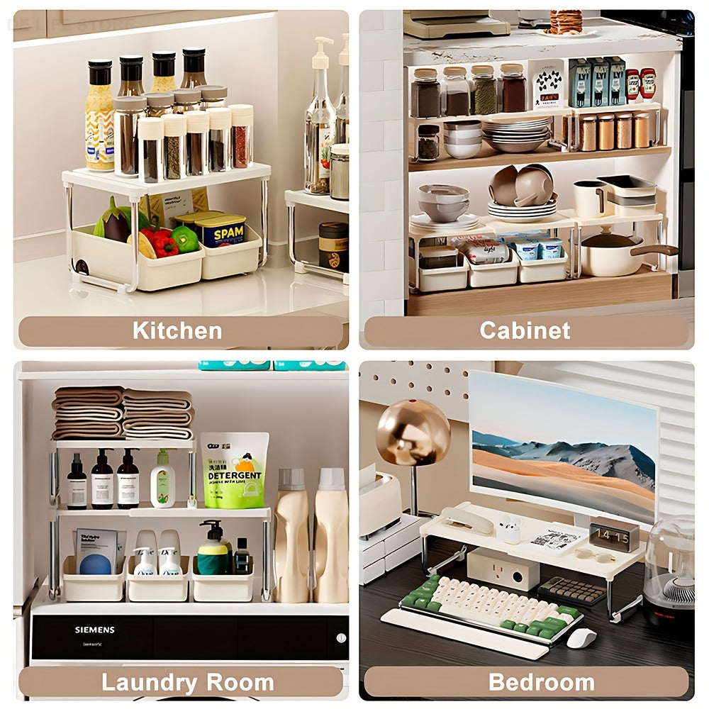 White Expandable Metal and Plastic Kitchen Shelf Stackable Pantry Organizer
