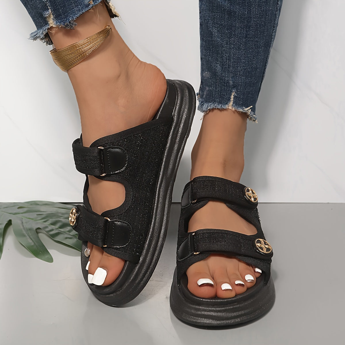 Ayollar uchun sozlanadigan kamarli platforma sandallari, nafas oluvchi mato