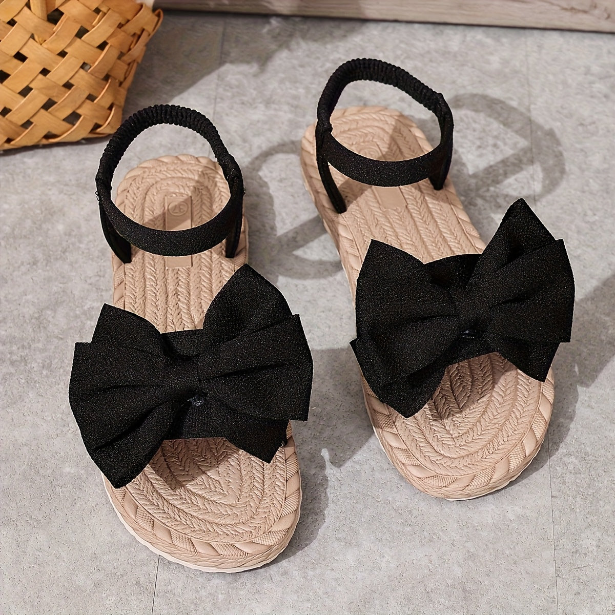 Women’s Black Bow Flat Sandals Open-Toe Summer Casual Slip-On