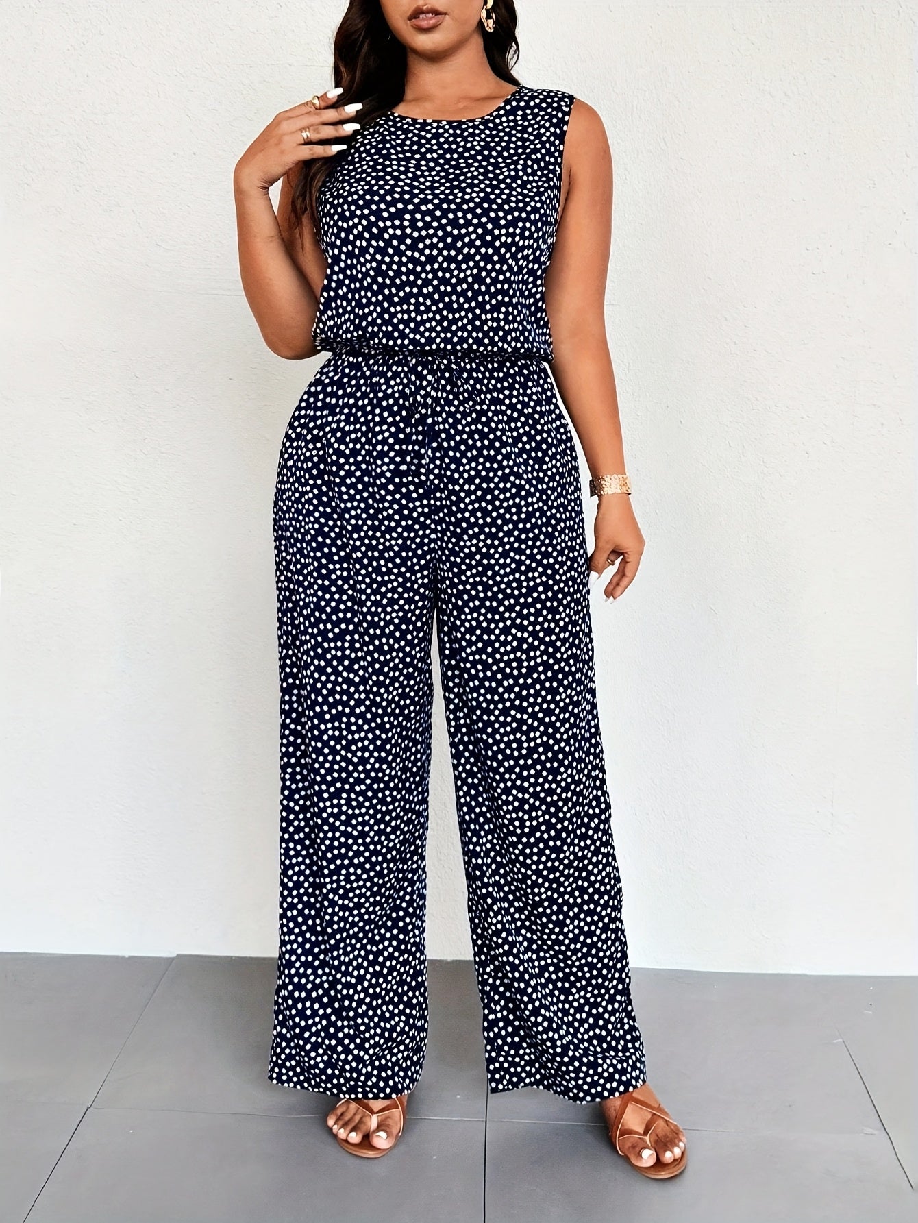 Plus Size Women's Floral Print Sleeveless Jumpsuit Elastic Waist Wide Leg Spring Summer Casual Formal