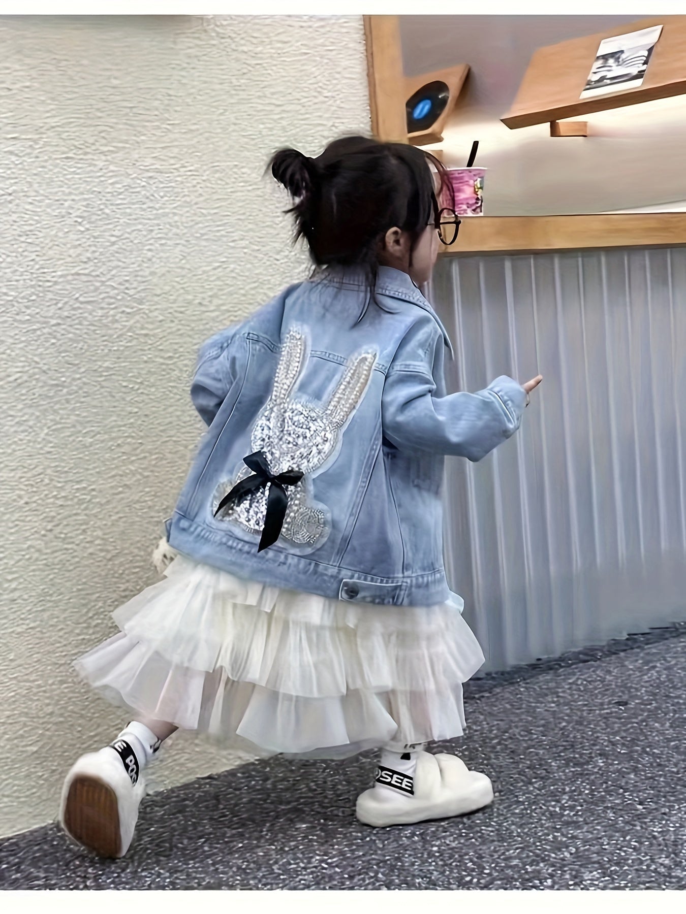 Girls Denim Jacket with Rabbit Design Rayon Blend Casual Spring Fall