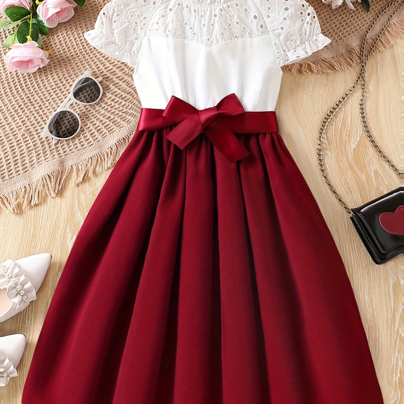 Girls' Knee-Length Pleated Dress with Embroidered Details, Crew Neck, Lantern Sleeves, Belt, Casual Spring Summer