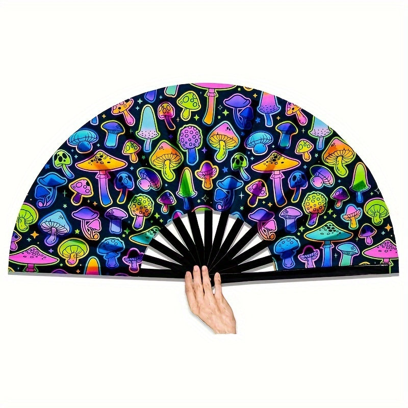 Neon Mushroom UV Glow Rave Folding Hand Fan Large 13-Inch Bamboo for Parties