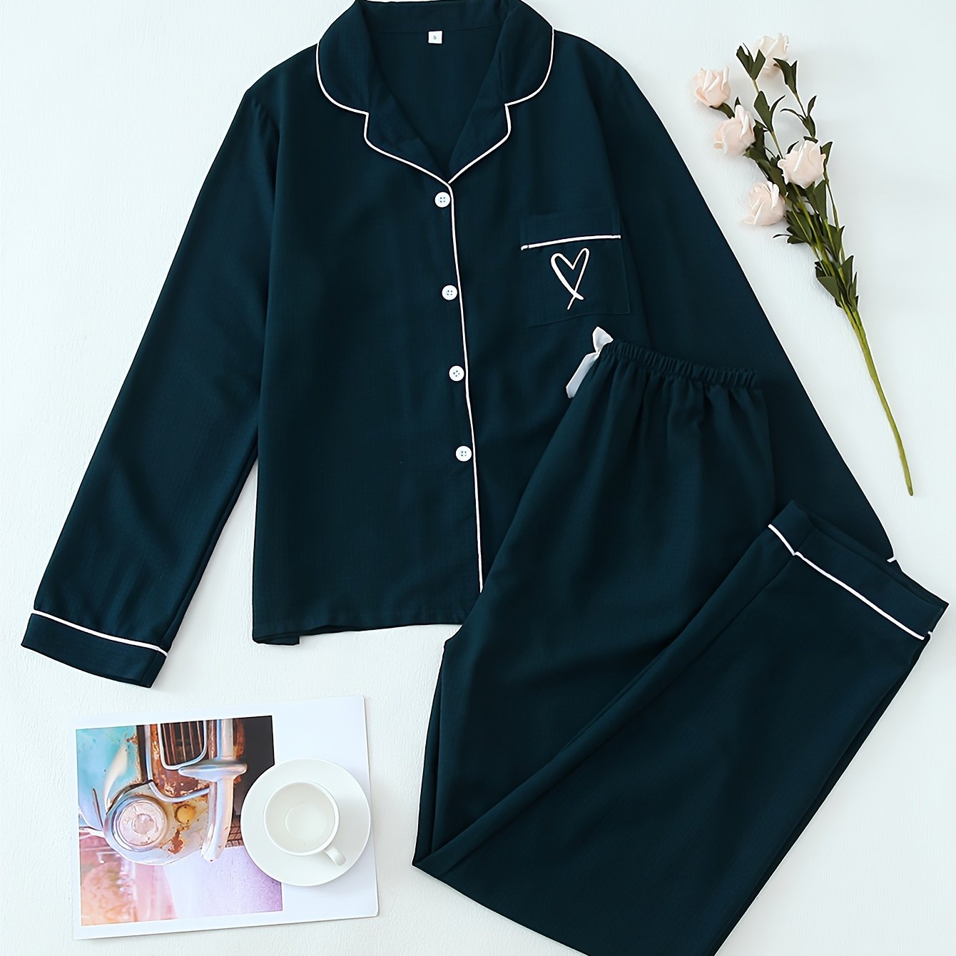 Women's Heart Print Pajama Set Long Sleeve Button Top Elastic Waistband Pants Fall Lounge Sleepwear