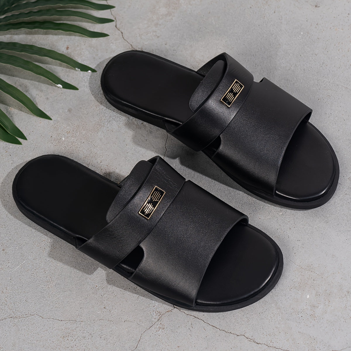 Men's All-Season Casual Faux Leather Slide Sandals with Buckle Closure and TPR Sole