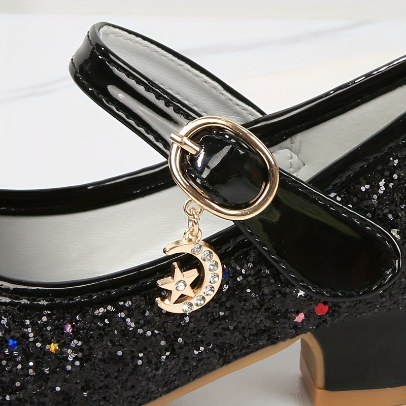 Girls' Crystal High-Heeled Shoes with Glitter and Sequins for Weddings and Parties